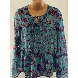Japan Teal Floral Long Sleeve Blouse Women Small Boho Gypsy Hippie Vibe